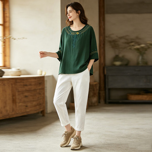 Women's Bohemian Knitted Blouse Crew Neck Three Quarter Sleeve Breathable Regular Fit Solid Green Spring Summer Casual Wear - Product Image 2
