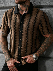 Chemise Homme Vintage à Carreaux Imprimés en Tricot 140g, Manches Courtes, Col Rabattu, Boutonnée, Décontractée, Haut d'Été - Product Image 1