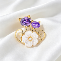 Broche Chat en Zircon Violet 2026 Recommandée, Plaqué Laiton, Motif Fleur Coquillage, Épingle en Alliage de Cuivre, Bijou pour Costume et Manteau, Accessoire Cadeau