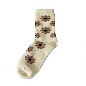 Wholesale Cream Floral Crew <b>Socks</b> 100% Mongolian Sheep Wool Knitted <b>Winter</b> Warm <b>Thick</b> Flower Pattern <b>Socks</b> for Women - Product Image 2