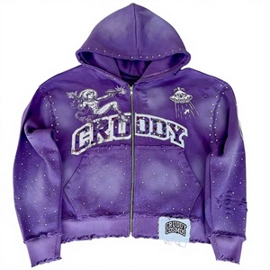 Sweat à capuche zippé délavé effet usé avec motif Alien personnalisé en strass, en molleton de coton épais, unisexe, streetwear, OEM - Product Image 1