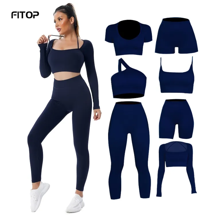 Women Sport Wear Yoga 7pcs Seamless Ribbed Gym Fitness Sets