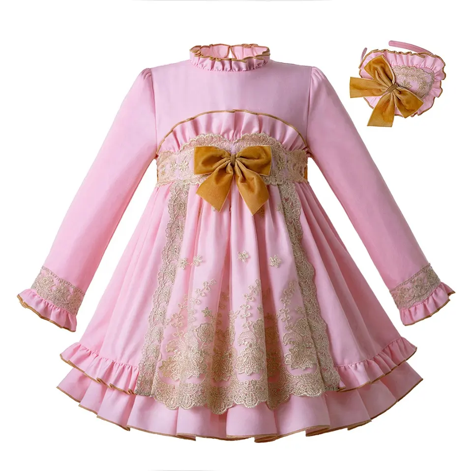 OEM Pretigirl Little Girls Dresses Long Sleeve Girls Dresses Pink Children Dress with Headwear