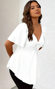 Blusa Peplum de Punto con Cuello en V y Volantes Delanteros de Fibra de Leche Blanca para Mujer, Tallas Grandes, Diseño Casual de Primavera con Nudos y Manga Corta - Product Image 2