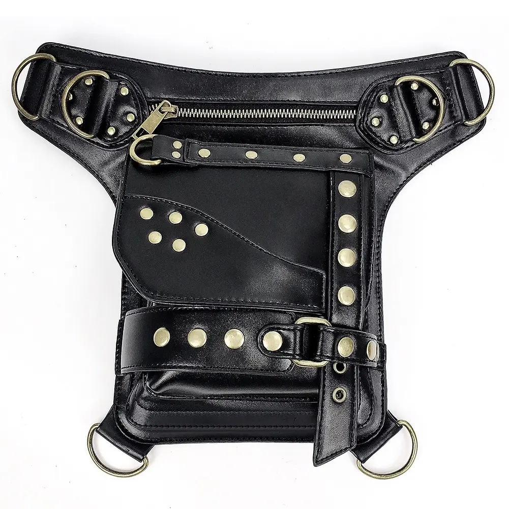 Punk One Shoulder Crossbody Bag Female Motorcycle Bag Riveted Fanny Pack Retro Pu Leather Shoulder Bag