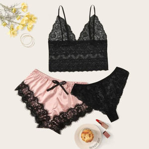 Capaz de Daster Piyama Seda Gecelik Baju Tidur Wanita Robe Femme <span class=keywords><strong>3</strong></span> <span class=keywords><strong>piezas</strong></span> salón desgaste conjuntos <span class=keywords><strong>Terno</strong></span> Mujer Plus tamaño de la mujer ropa de dormir - Product Image 2