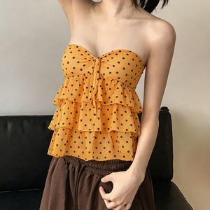 Top sin tirantes sexy amarillo con lunares para mujer, top de tubo con volantes escalonados y lazo dulce, novedad de verano 2026 - Product Image 4