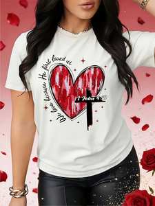 T-shirt da donna a maniche corte girocollo con stampa a cuore e lettere, traspirante, leggera, casual, 100% cotone, primavera estate - Product Image 3