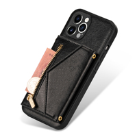 Étui portefeuille à fermeture éclair avec cordon pour iPhone 14 13 12 11 Pro Max Mini Xs Xr 8 7 6 Plus Se 2020 en cuir PU avec support et porte-cartes