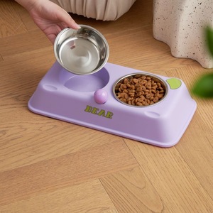 Bol double en acier inoxydable pour chiens avec support pour le cou, plat d'alimentation 2 en 1, base en plastique, design ours - Product Image 3