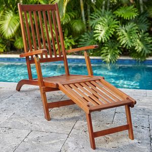 Chaise longue pliante en teck massif avec repose-pieds pour patio - Product Image 1