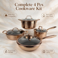 Ensemble de casseroles et poêles en acier inoxydable or rose à design martelé, couvercles en verre, revêtement antiadhésif, compatibles lave-vaisselle et four, pour gaz et induction