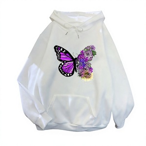 Women's White Hooded Sweatshirt Floral <b>Butterfly</b> Print Casual Knitted Full <b>Sleeve</b> Spring Wear - Product Image 1