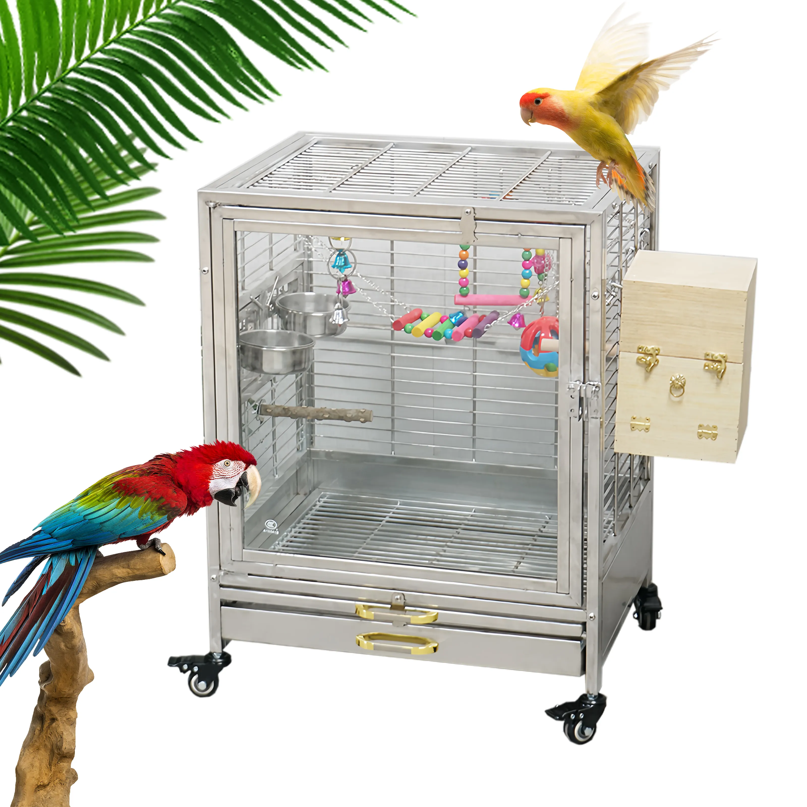 Vente en gros de petites cages pour animaux de compagnie volière extérieure en verre en acier inoxydable Cockatiel perroquet canari Cage à oiseaux Finch élevage à vendre