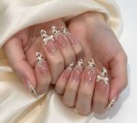 Faux ongles à presser, style français, motif léopard, forme amande, courts, avec nœud perlé, prêts à poser, best-seller transfrontalier