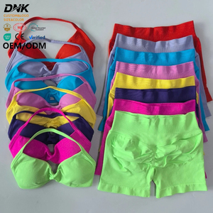 LVD416 Set da Palestra 2 Pezzi per Donna, <span class=keywords><strong>Top</strong></span> Reggiseno Sportivo con Spalline e Pantaloncini a Vita Alta Arricciati, Completo Sportivo Senza Cuciture per Yoga e Fitness - Product Image 1