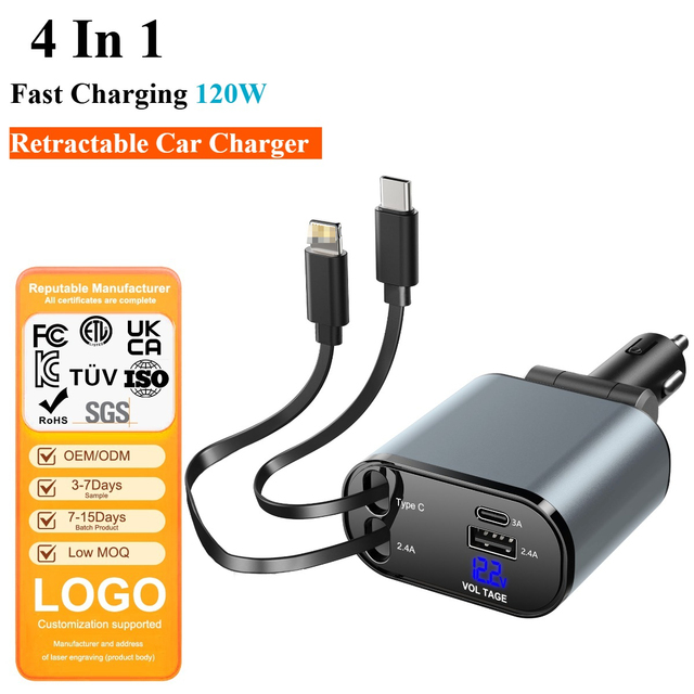 120W USB Retractable Car Charger 4 in 1 LED Digital Display Fast Charger Type-C 8 Pin Cable Portable Charger for Mobile Phone