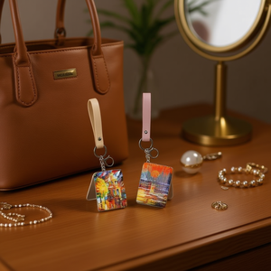 Portachiavi quadrato con specchio e pittura a olio 6,2x8,6 cm con cinturino in pelle per donna, accessorio moda - Product Image 2