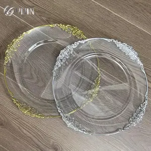 Usine vend des assiettes de chargeur en plastique transparent or argent vintage pour la décoration de fête de Noël de mariage