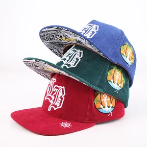 High Quality Corduroy 5 Panel Snapback Cap Embroidery Flat Brim Basketball Fitted Caps Custom Snapback Hats