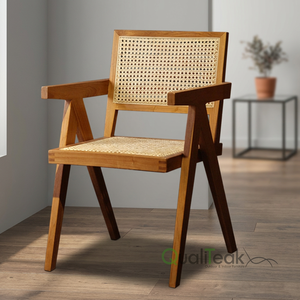 Chaise de salle à manger convertible minimaliste en teck, best-seller, avec tressage en rotin, pour hôtel, restaurant, villa, usage intérieur et extérieur - Product Image 3