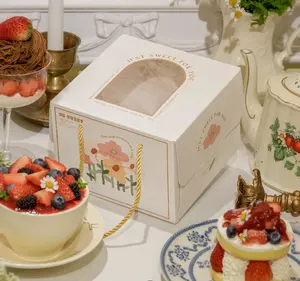 Emballage de boulangerie en carton d'impression couleur en gros boîte à gâteau de 4 pouces avec fenêtre et ruban