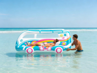 Pelampung Kolam Renang Bentuk Bus Retro Hippie, Rakit Apung PVC dengan Cetakan Bunga & Lambang Perdamaian, untuk Bersantai dan Hiburan