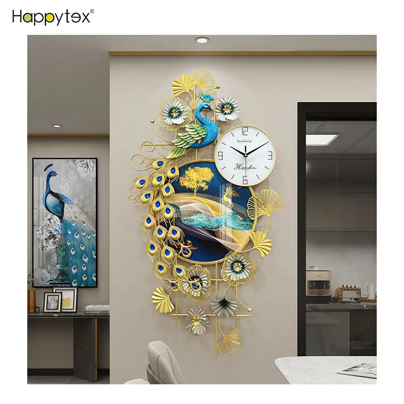 Background Crystal Porcelain Painting Quartz Clock Wall Modern Light Luxury Fashion Peacock Wall Clock For Home Decoration