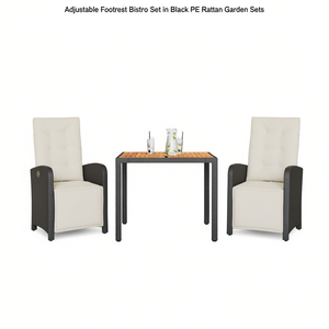 <b>Adjustable</b> <b>Footrest</b> Bistro Set Black PE Rattan Garden Furniture 2 Seater Outdoor Contemporary Style - Product Image 1
