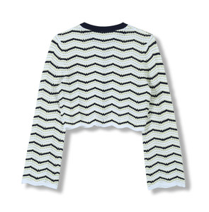 <span class=keywords><strong>Pull</strong></span> à col rond à manches longues pour femmes, printemps-été 2025, sur mesure OEM et ODM, couleur contrastée, rayures ondulées, cardigan en tricot avec boutons - Product Image 3