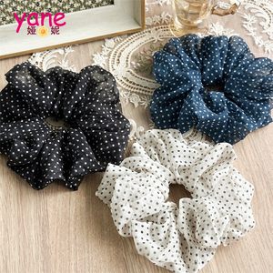 Ikat Rambut Besar Motif Polkadot Gaya Prancis, Tali Rambut Wanita, Karet Rambut Elastis Tinggi untuk Kuncir Kuda - Product Image 1