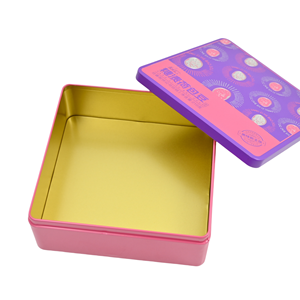 Square <b>Metal</b> Tin With Purple Pink Candy Pattern Print Custom Empty Tin For Confectionery Snack Food Gift Storage <b>Packaging</b> - Product Image 6