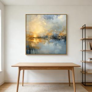 ภาพวาดทิวทัศน์นามธรรมสีน้ำเงินและสีทอง ภาพวาดสีน้ำมันวาดด้วยมือบนผ้าใบ ตกแต่งบ้านด้วยงานศิลปะขนาดใหญ่ - Product Image 6