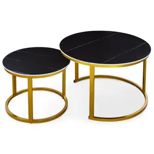 Fábrica de muebles, mesa de centro de anidamiento redonda contemporánea, mesa de cerámica de mármol de vidrio lateral de Metal dorado negro