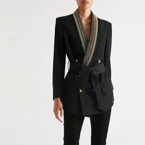 Fashion Desain Terbaru Kualitas Tinggi Kustom Wol Grain Hitam Kancing Pengencang Depan Blazer Wanita