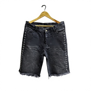 Men's Breathable Distressed Denim Shorts Straight Leg Mid Waist Sequined Decor Ripped Hem Casual Spring Summer Style - Product Image 1
