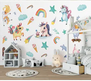 Autocollants muraux licorne arc-en-ciel or, étiquette décorative 3d en dessin animé, pour la chambre à coucher de bébé fille, pour décoration de maison