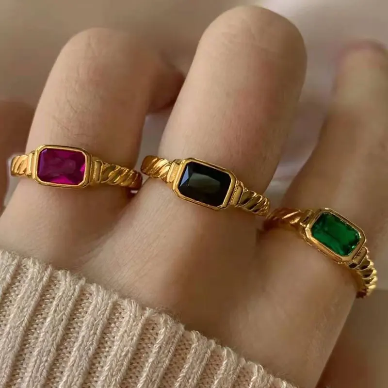 MICCI Wholesale Stainless Steel Delicate Women's Jewelry 18K Gold Plated Big White Red Green Black Zircon Stone Ring for Woman