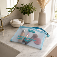 Pochette de maquillage en nylon à mailles rose, jaune et bleue avec logo personnalisé, pochette de voyage à fermeture éclair, élégante et tendance