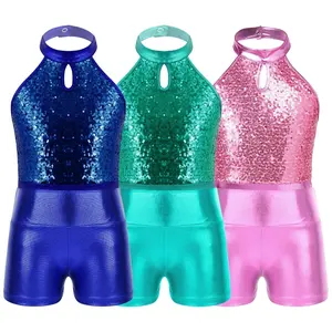 Custom Sparkling Sequin Girls Sleeveless Leotard Dance Gymnastics Leotards with Metallic Shorts