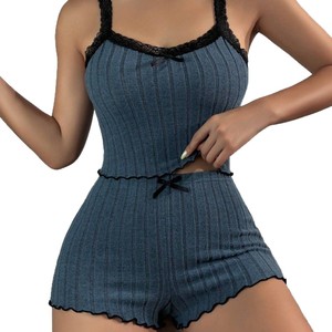 Nouveaux pyjamas extensibles de style européen et américain, short de pyjama féminin orné de dentelle, bordure côtelée en fausse molletonnée imitation coton - Product Image 5