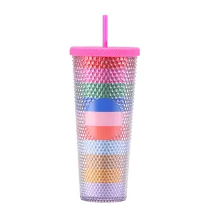 BPA miễn phí 24oz hai lớp kim cương long lanh Durian cup dứa ly đầy màu sắc đen Tumbler với nắp rơm