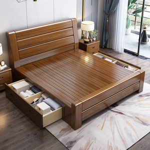 Lit en bois massif noyer 1,5m 1,8m avec rangement, sommier haute, mobilier de chambre principale, nouveau style chinois, tout en bois massif - Product Image 3