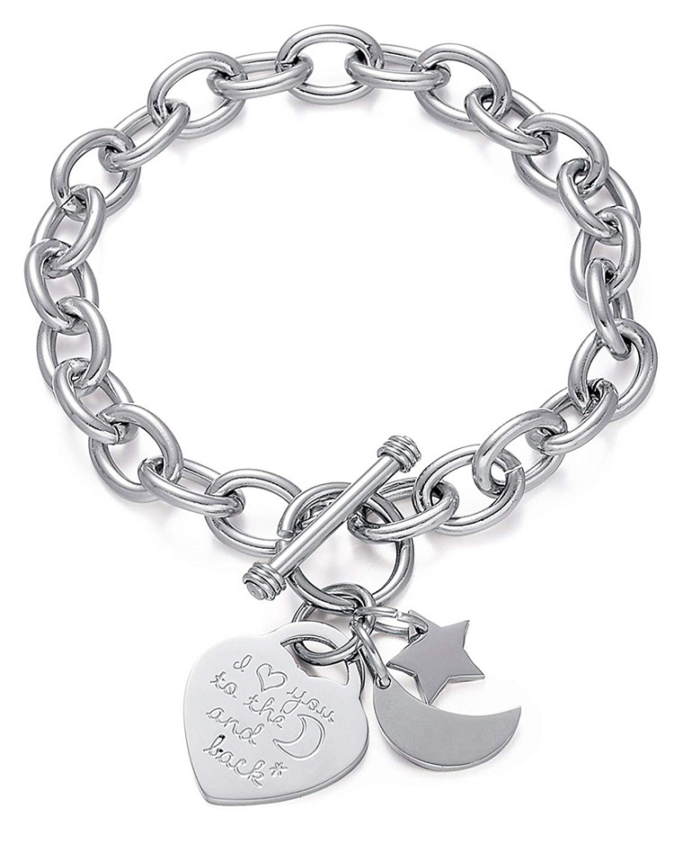 Mots gravés "Je T'aime à la Lune et Au Dos" et Coeur Étoile de Lune En Acier Inoxydable Charme À Bascule bracelet