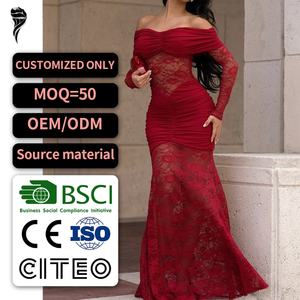 Nuevo Vestido de Otoño Invierno con Hombros Descubiertos, Encaje, Patchwork, Sexy, para Fiesta, Plisado, Ajustado, Maxi - Product Image 1