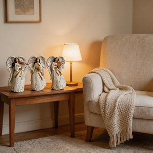 Set di 3 Statue di Angeli Musicali in Resina da 25 cm, <span class=keywords><strong>Angelo</strong></span> Bianco e Oro con Violino, Tromba e Arpa, Elegante Decorazione Natalizia per la Casa - Product Image 3