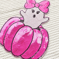 Patchs thermocollants personnalisés en chenille à sequins, thème Halloween, broderie éco-responsable, grande taille, motifs citrouille et fantôme, pour vêtements, vente en gros