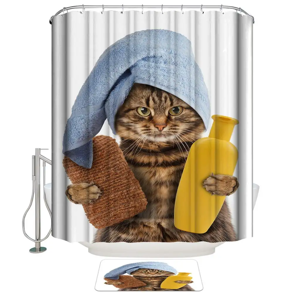 Polyester Fabric Waterproof Bath Curtain Animals Funny Kitten Cat Bathing Decor Bathroom Shower Curtain 3D Printing