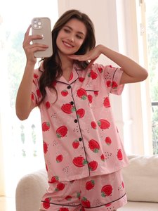 Phụ Nữ Của Bộ Đồ Ngủ, Trái Cây In Ngắn Tay Quần Short Nhà Mặc Set Ve Áo Cardigan - Product Image 2