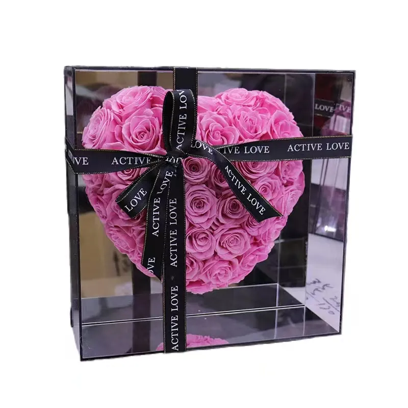 Caja de regalo acrílica con espejo en forma de corazón de flor preservada al por mayor, flor preservada, regalo de Navidad para San Valentín
